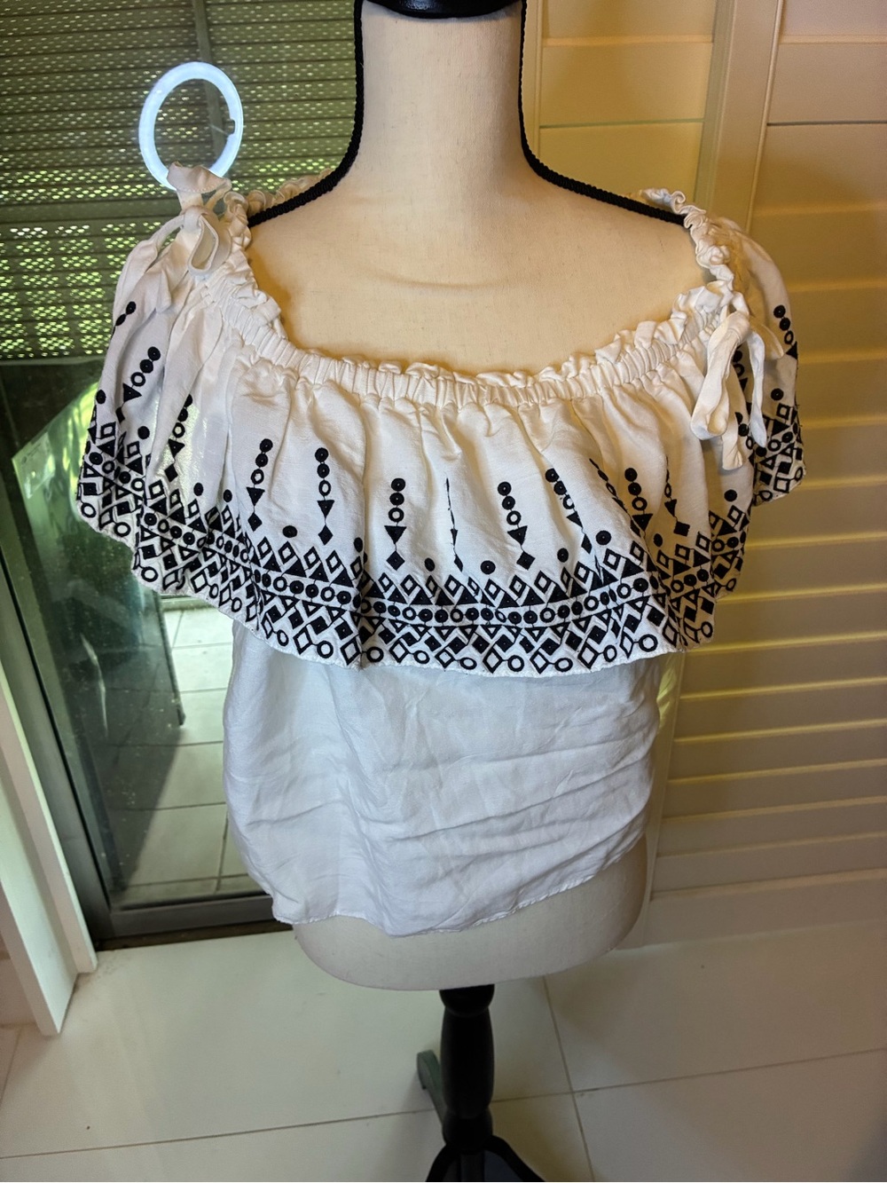 Parker White Off-Shoulder Crop Top with Black Embroidered Border